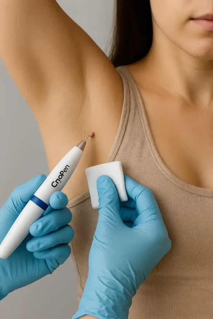 woman having cryopen to remove underarm skin tags Ross-on-Wye