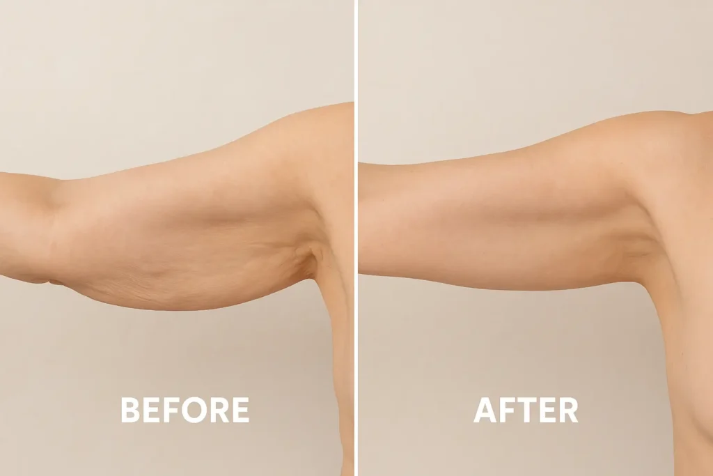 Picture of LA LIPO Ross-on-Wye before and after results of skin tightening treatment on the upper arms.