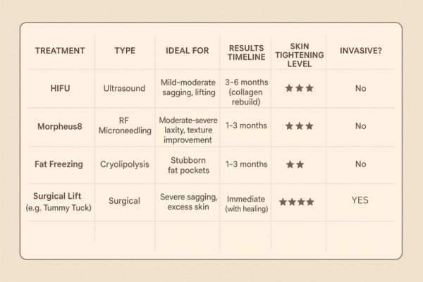 Table showing the comparisons of Skin tightening Ross-on-Wye treatment options.